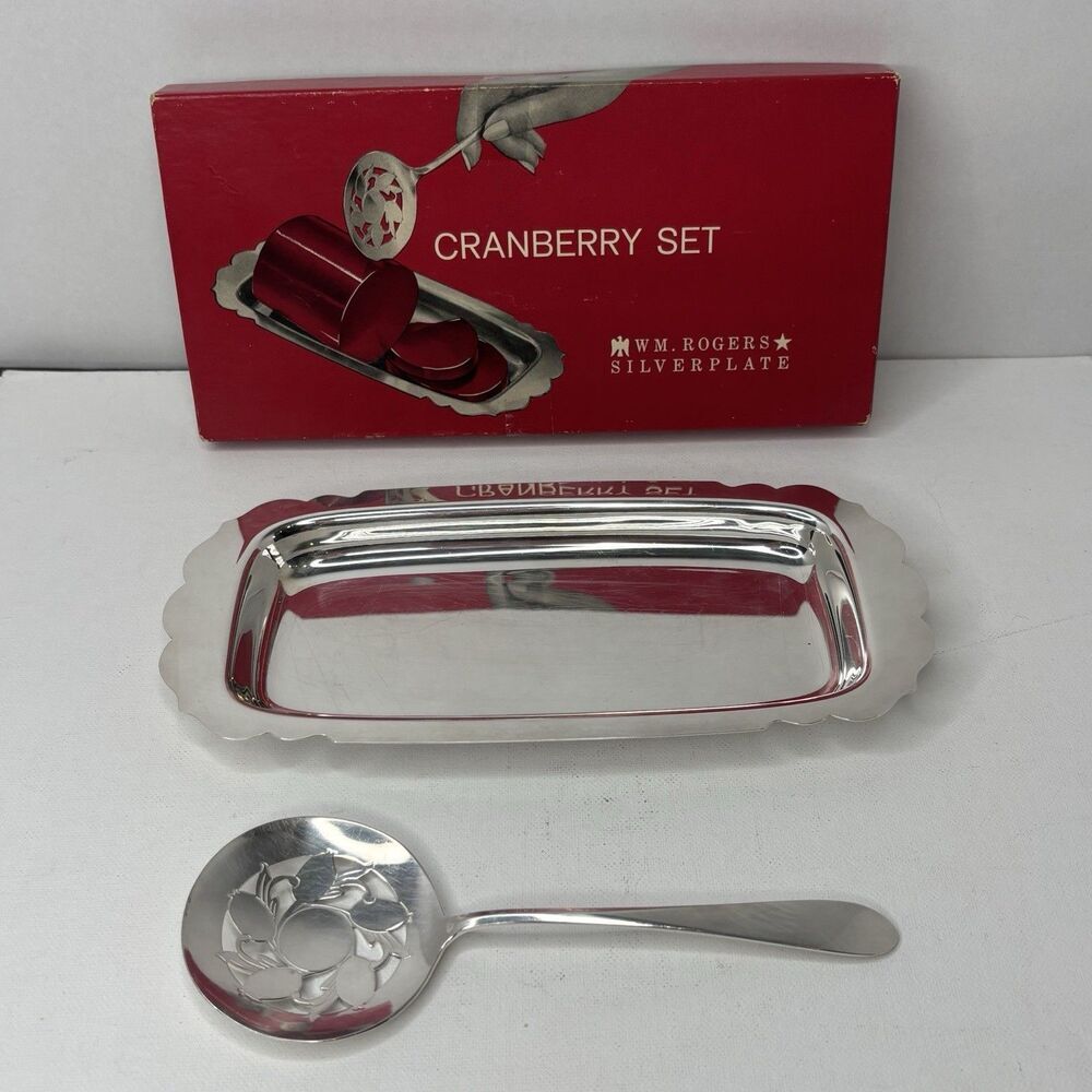 Vintage WM Rogers Cranberry Serving Set Silverplate Spoon & Plate Original Box